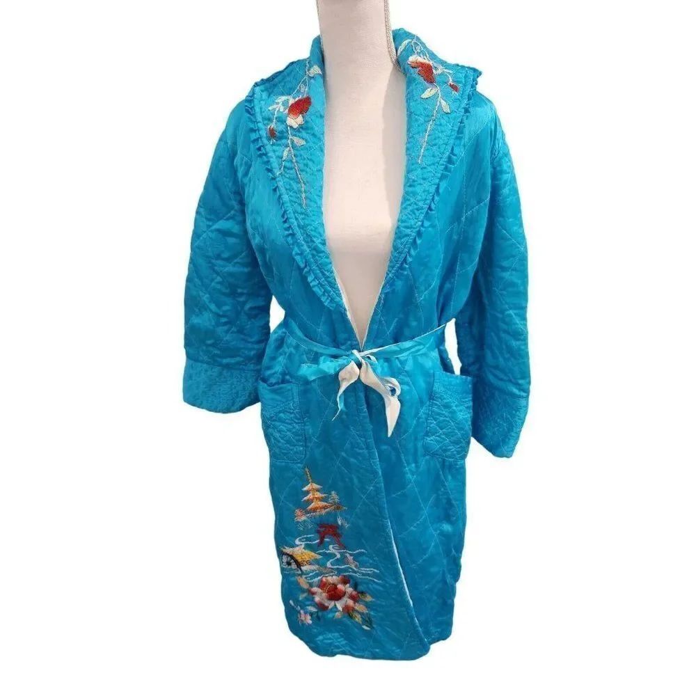 Vintage 50s 60s Teal Blue Embroidered Asian House Coat Robe Satin Quilted
